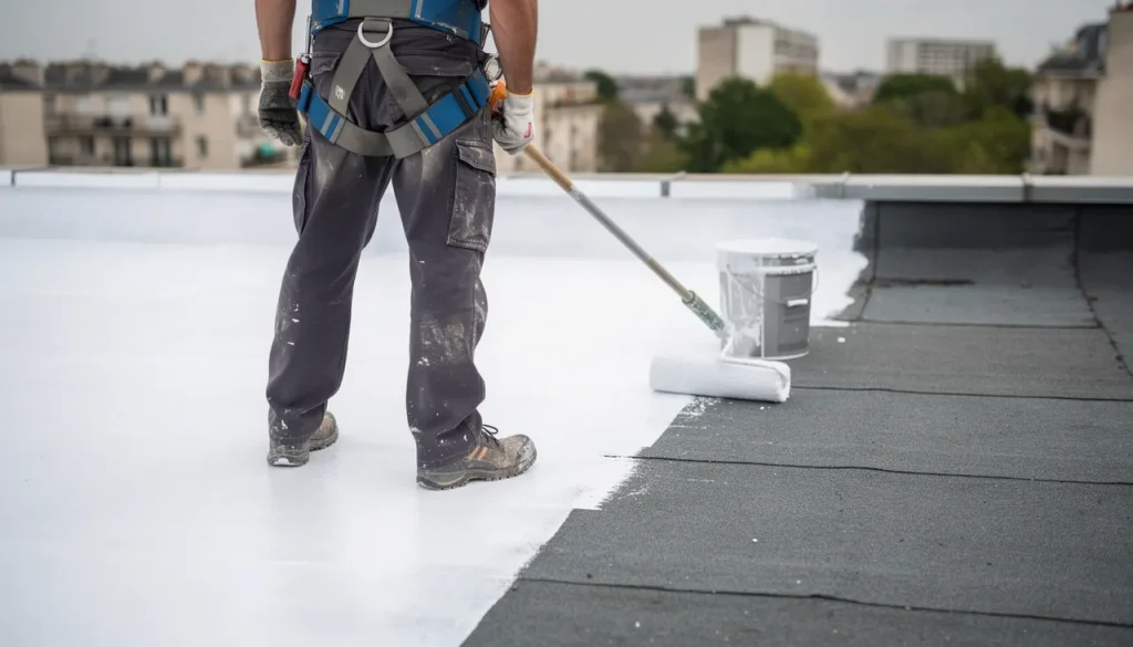 Illustration de l’application au rouleau d’un revêtement blanc réfléchissant sur une toiture-terrasse