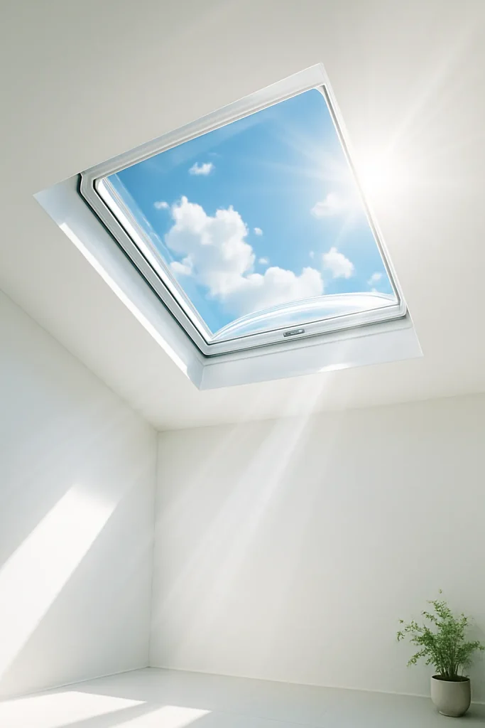 Illustration d’un lanterneau de toit plat vu de l’intérieur, apportant de la lumière naturelle