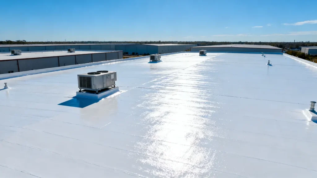 Toiture industrielle plate revêtue de blanc, avec groupes de climatisation en toiture