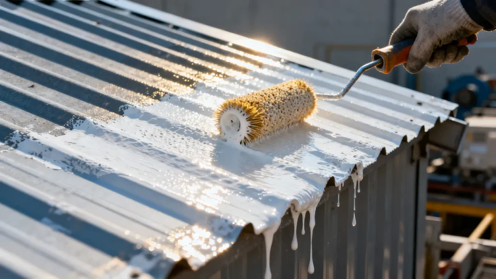 Application au rouleau d’un revêtement blanc réfléchissant sur une couverture industrielle ondulée