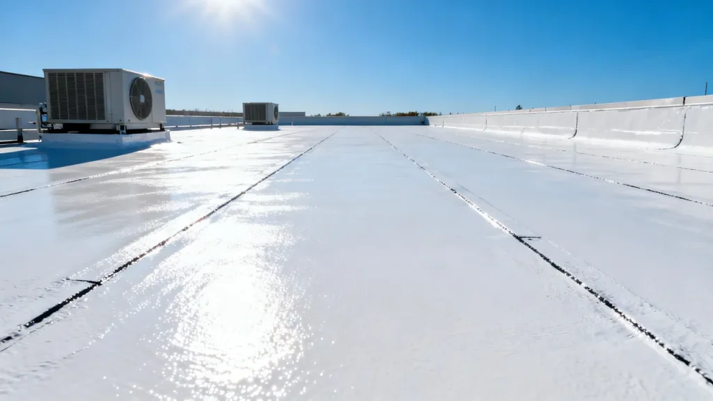 Toiture-terrasse blanche réfléchissante avec groupes de climatisation en toiture