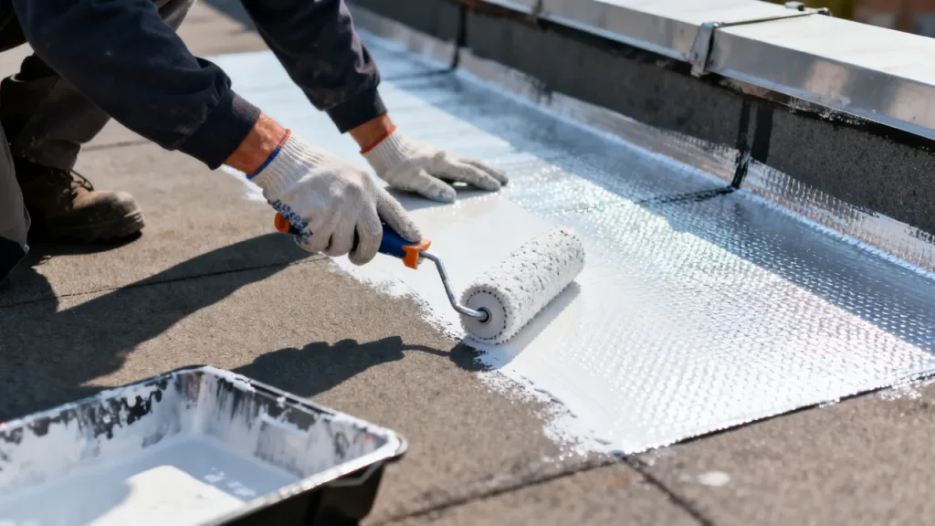 Applicateur passant au rouleau un revêtement blanc sur une étanchéité bitumineuse, près d’un relevé