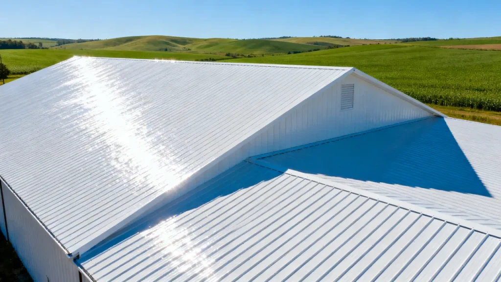 Grande toiture de hangar agricole traitée avec un revêtement réfléchissant blanc