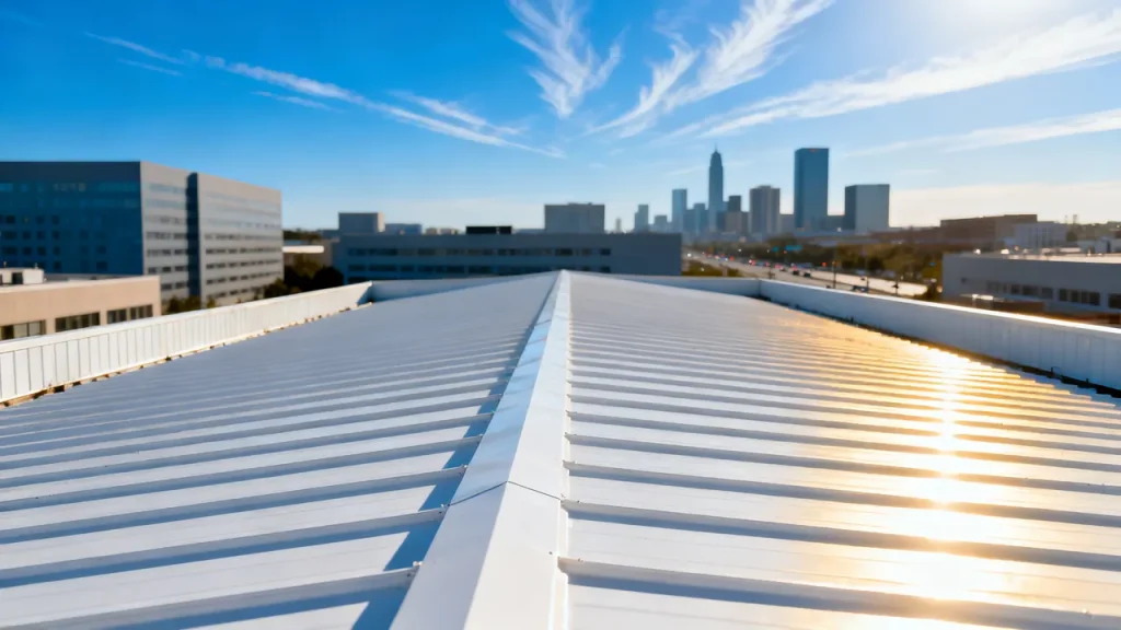 Toiture-terrasse blanche d’un bâtiment tertiaire équipée d’un revêtement réflectif