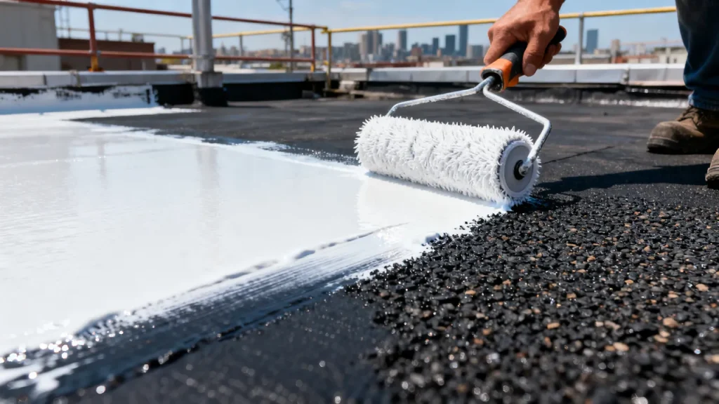 Grande toiture d’un bâtiment commercial vue du ciel avant travaux de revêtement réflectif
