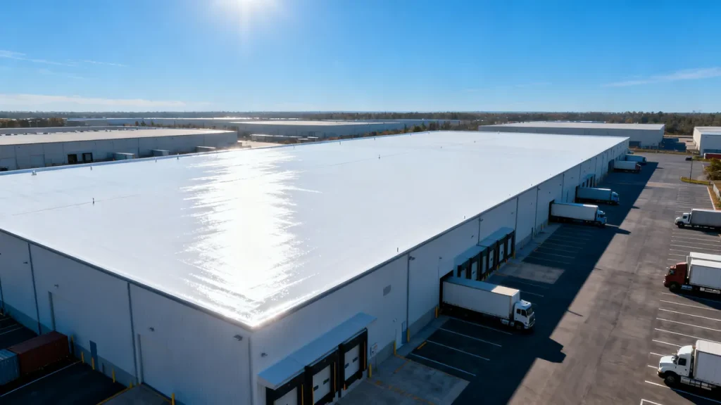 Vue aérienne d’un entrepôt logistique à toiture blanche réfléchissante et quais de chargement