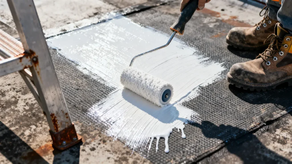 Applicateur préparant une toiture-terrasse avant mise en œuvre d’un revêtement réflectif