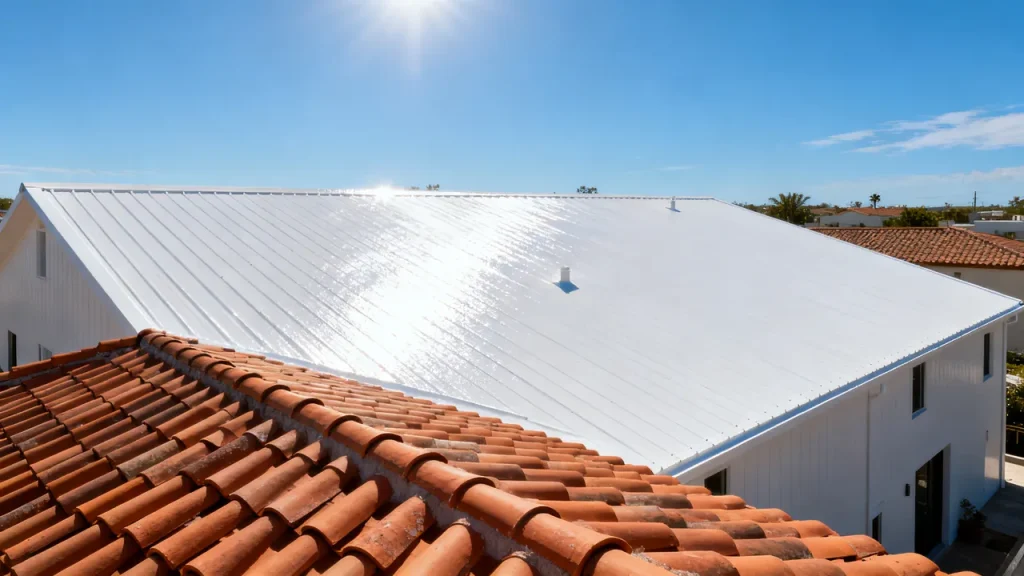 Couverture blanche réfléchissante en plein soleil, voisine d’une toiture en tuiles
