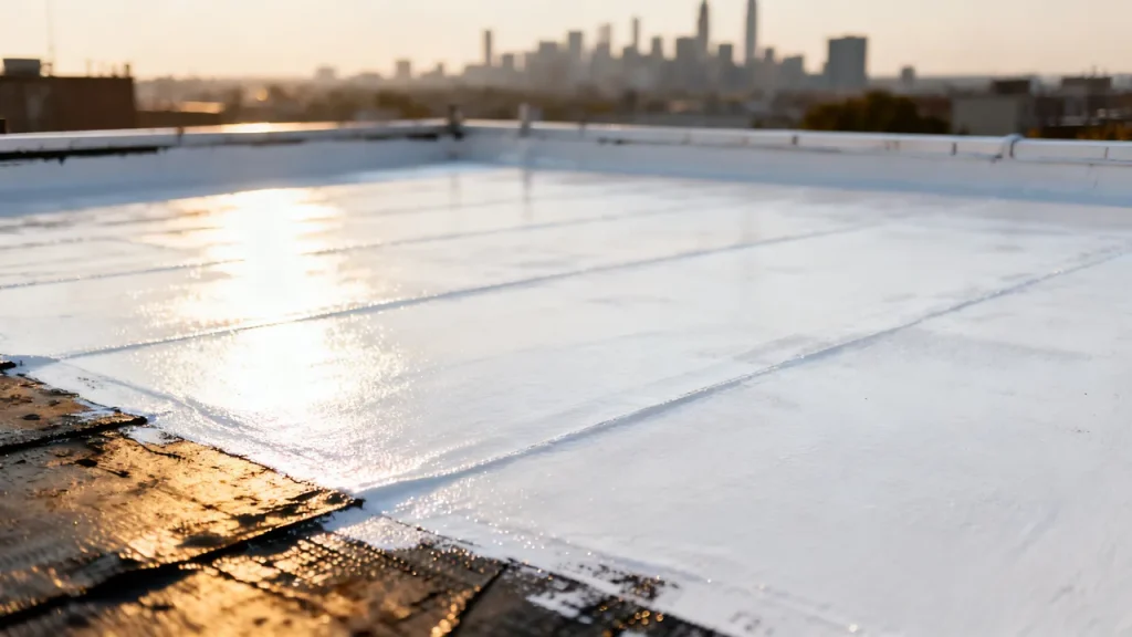 Toiture-terrasse dont l’étanchéité bitumineuse est partiellement recouverte d’un revêtement blanc réfléchissant