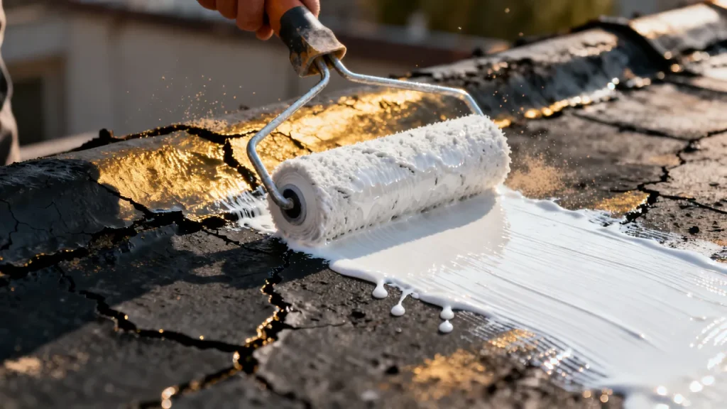 Rouleau appliquant un revêtement blanc sur une membrane bitumineuse vieillie et fissurée