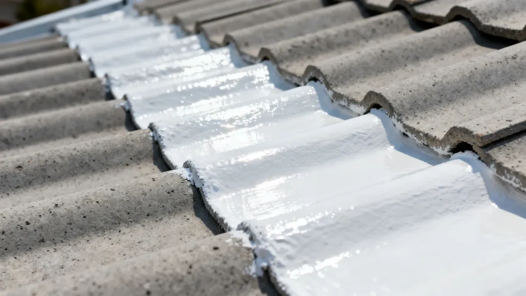 Plaques ondulées en ciment partiellement recouvertes d’un revêtement blanc réfléchissant