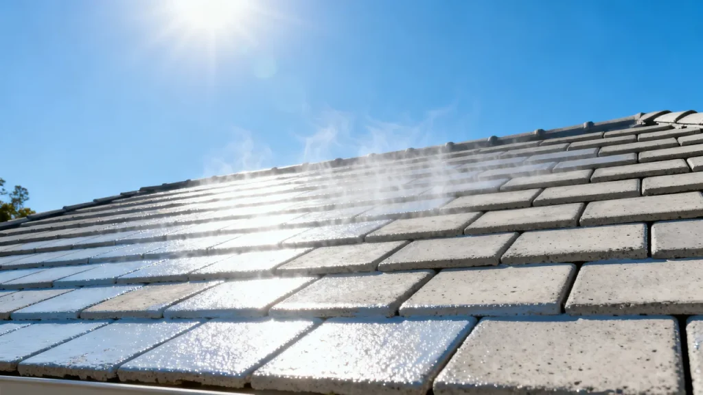 Toiture en tuiles plates de ciment sous un soleil vif