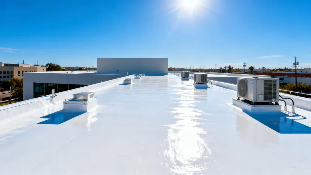 Toiture-terrasse traitée avec une peinture blanche à haute réflectance