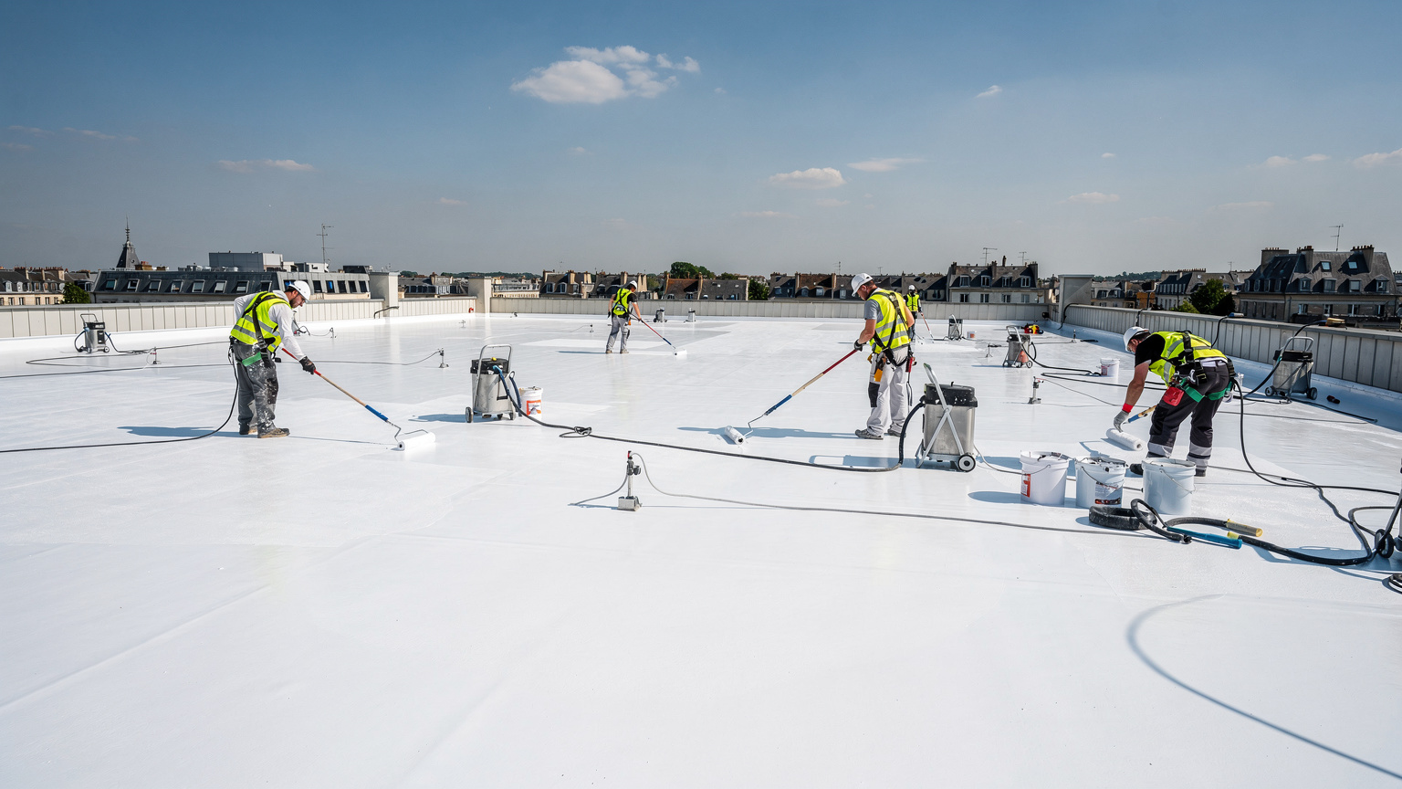 Applicateur cool roof France : toiture professionnelle avec revêtement réfléchissant cool roof blanc