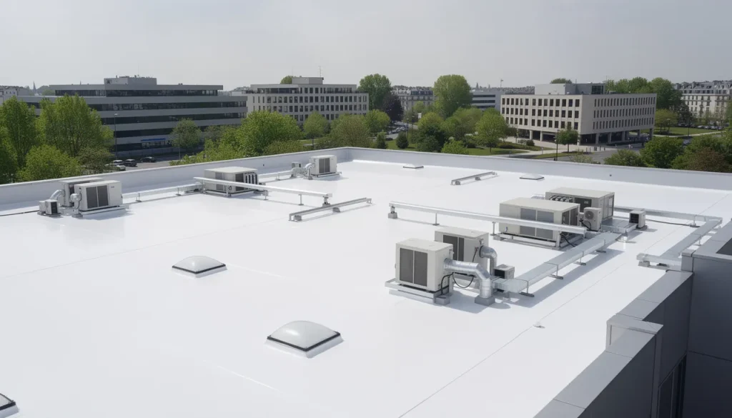Illustration d’une toiture-terrasse d’immeuble de bureaux à revêtement blanc réfléchissant