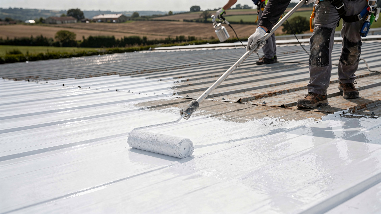 Peinture toiture hangar agricole : toiture professionnelle avec revêtement réfléchissant cool roof blanc