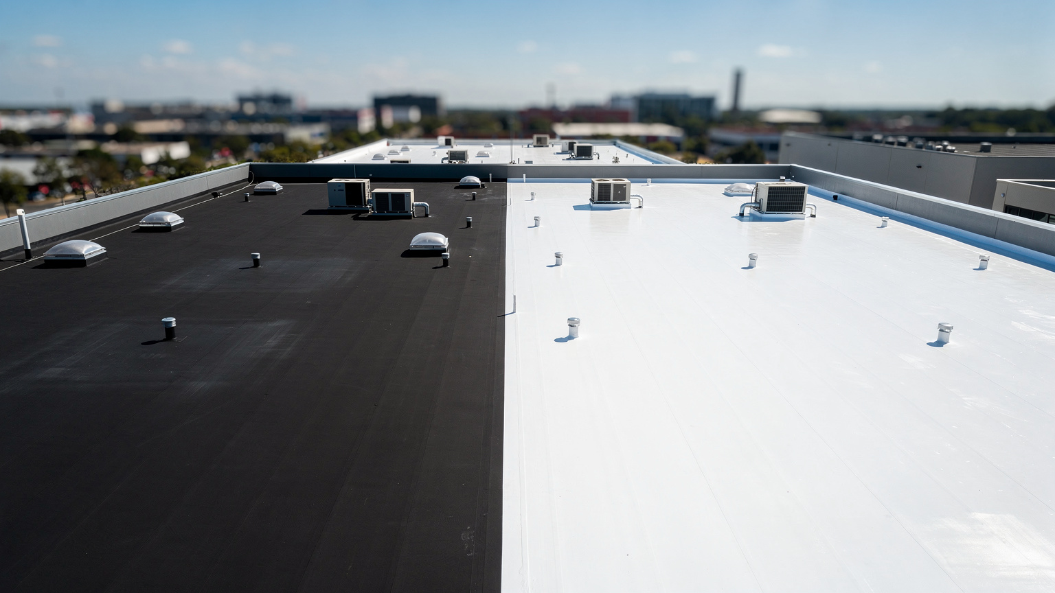 Toiture réfléchissante bâtiment tertiaire : toiture professionnelle avec revêtement réfléchissant cool roof blanc